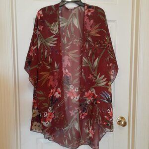 EMORY PARK Boho Floral Print Burgundy Chiffon Kimono Cardigan